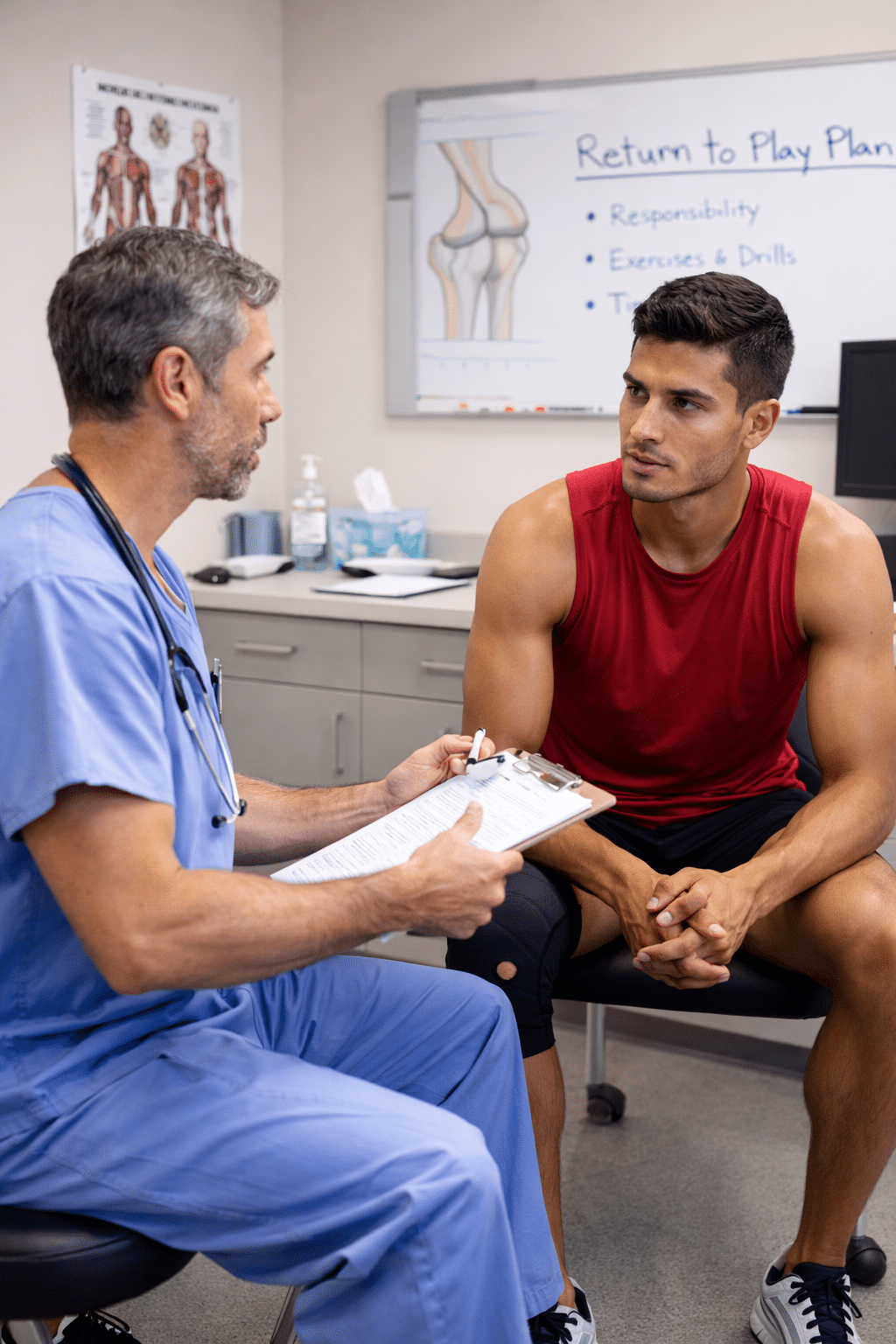 Physician and patient discuss sports injury return