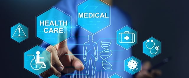 Hand pointing on health care icon represent to quick access treatment public health services or people can be accessed through communication to healthy community hospital and clinic