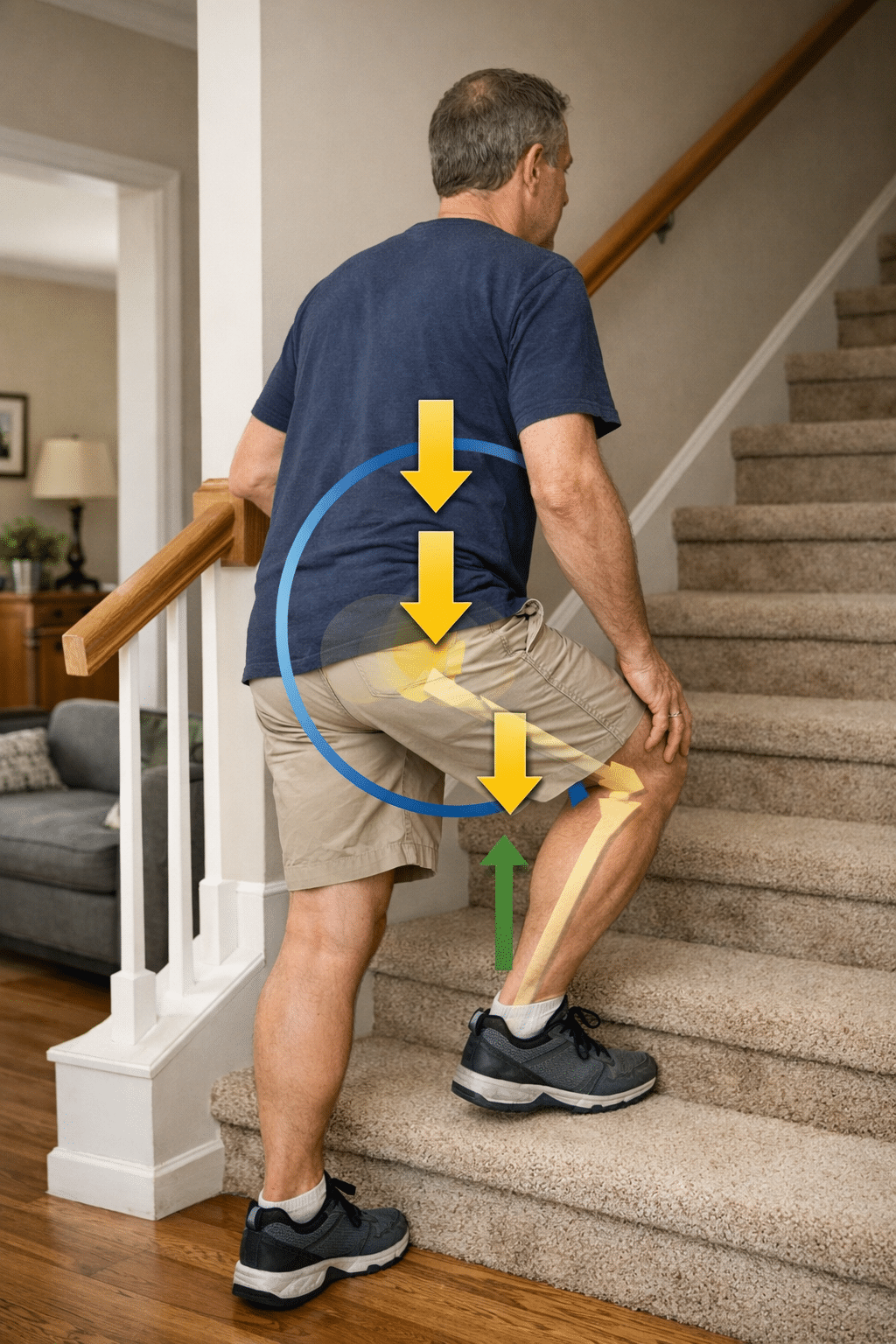 man with joint pain walking up a flight of stairs