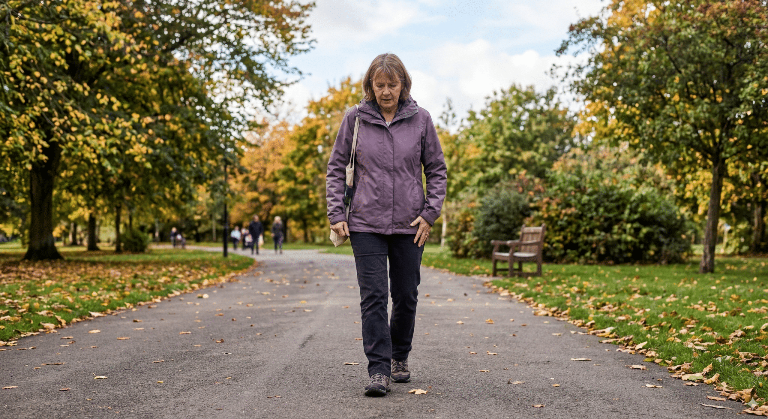 woman walking outdoors while experiencing pain symptoms in her leg