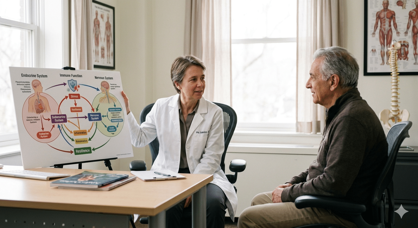 physician discussing an integrative medicine chart with their patient