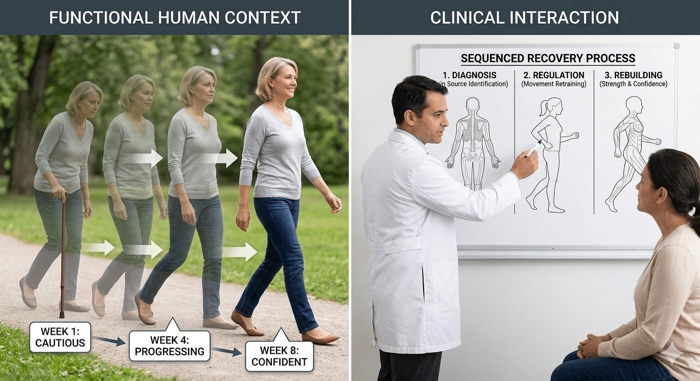 physician explaining the 3 step pain recovery process to a patient