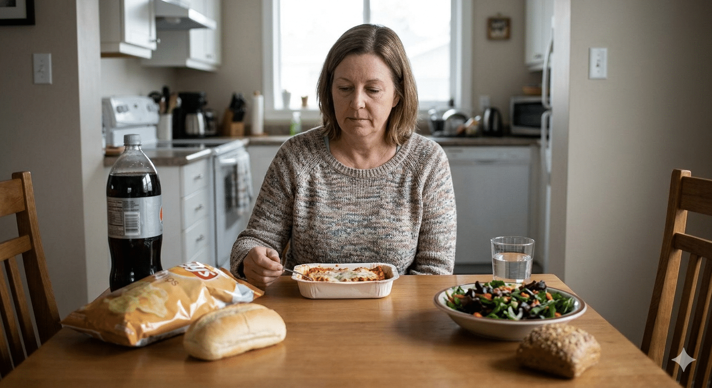 woman at a table with processed foods