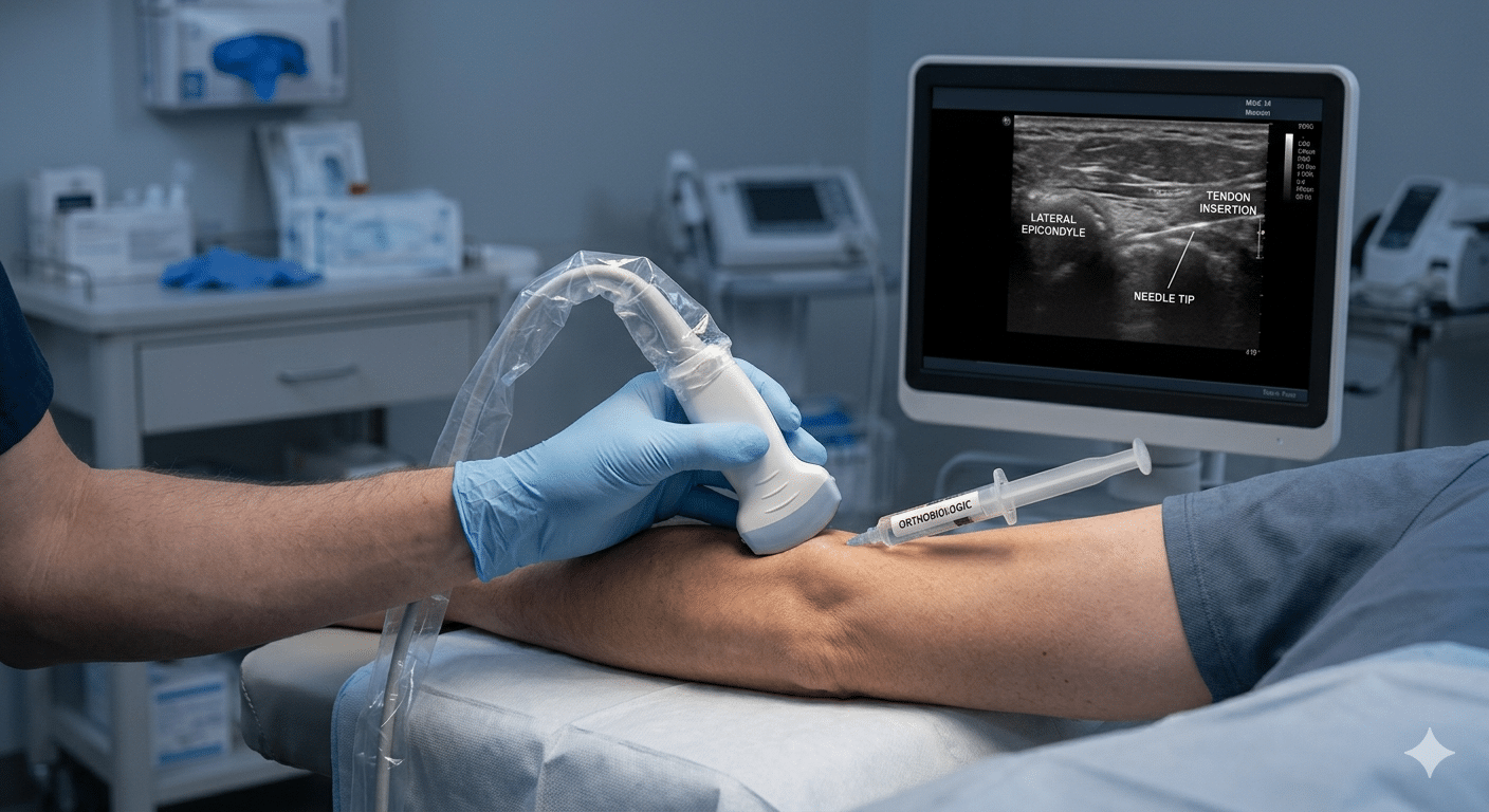 physician performing a regenerative medicine procedure on a patient's elbow under ultrasound guidance