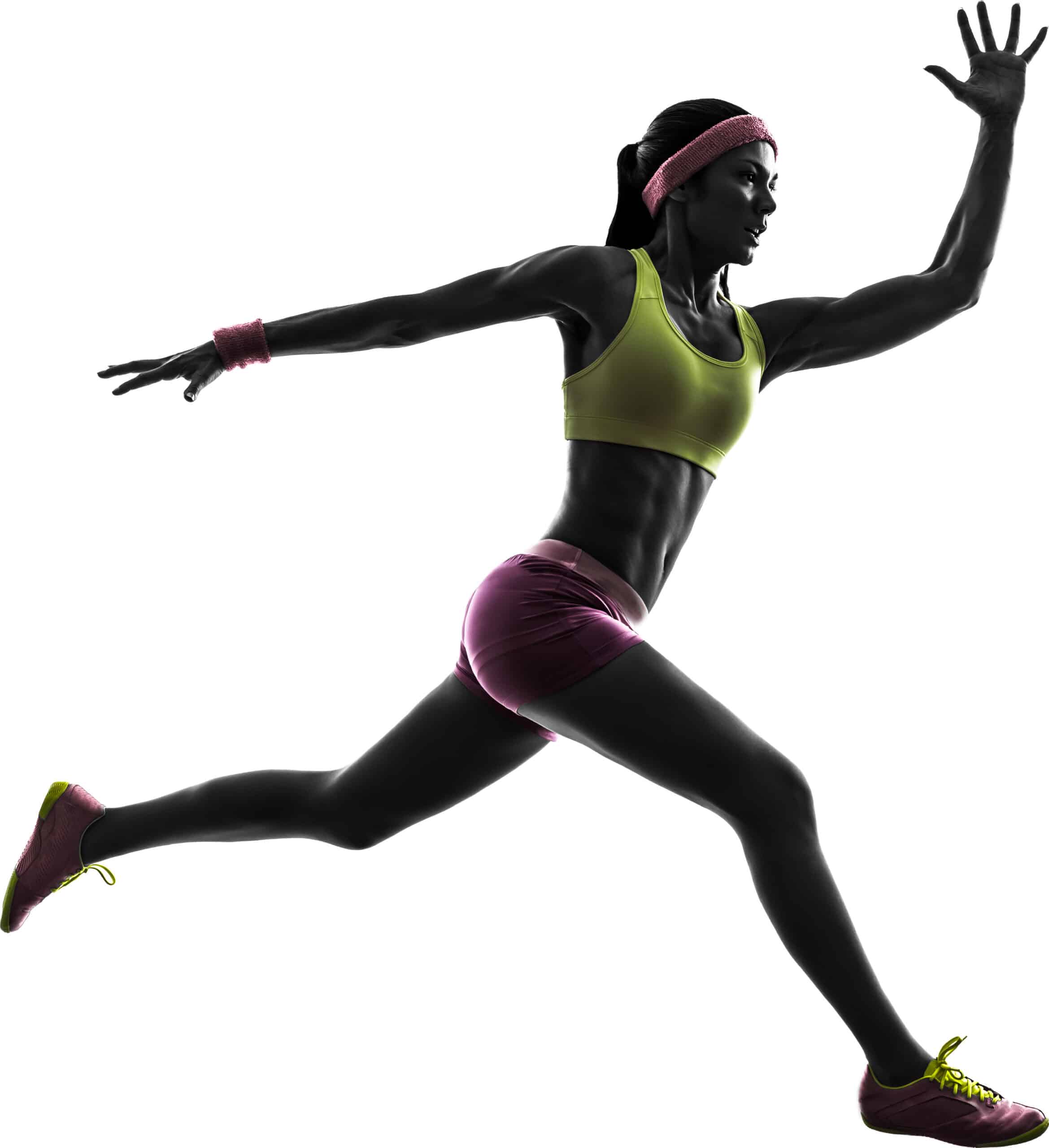 one caucasian woman runner running jumping in silhouette on white background