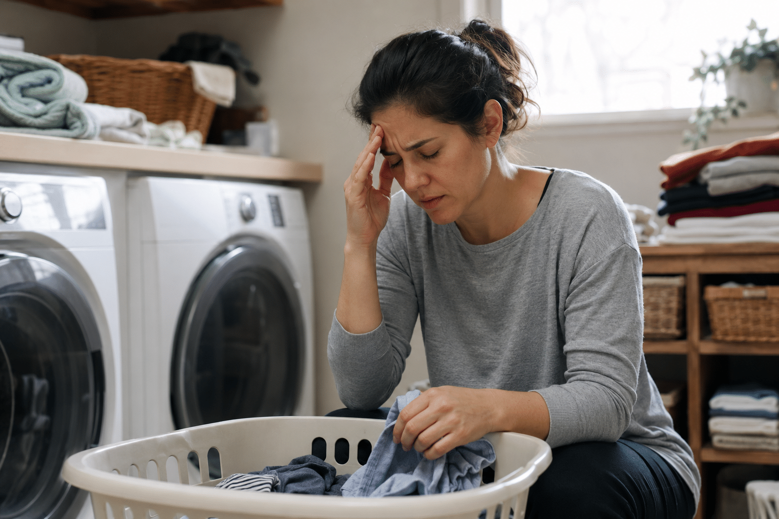 woman experiencing a headache with household chores