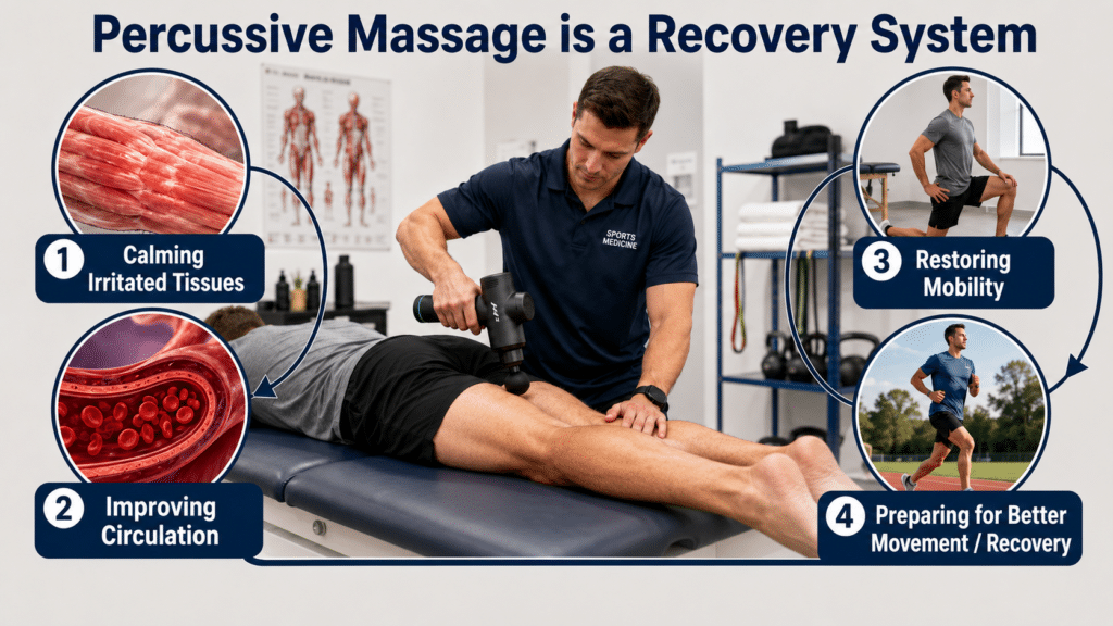 Therapist using massage gun on prone patient
