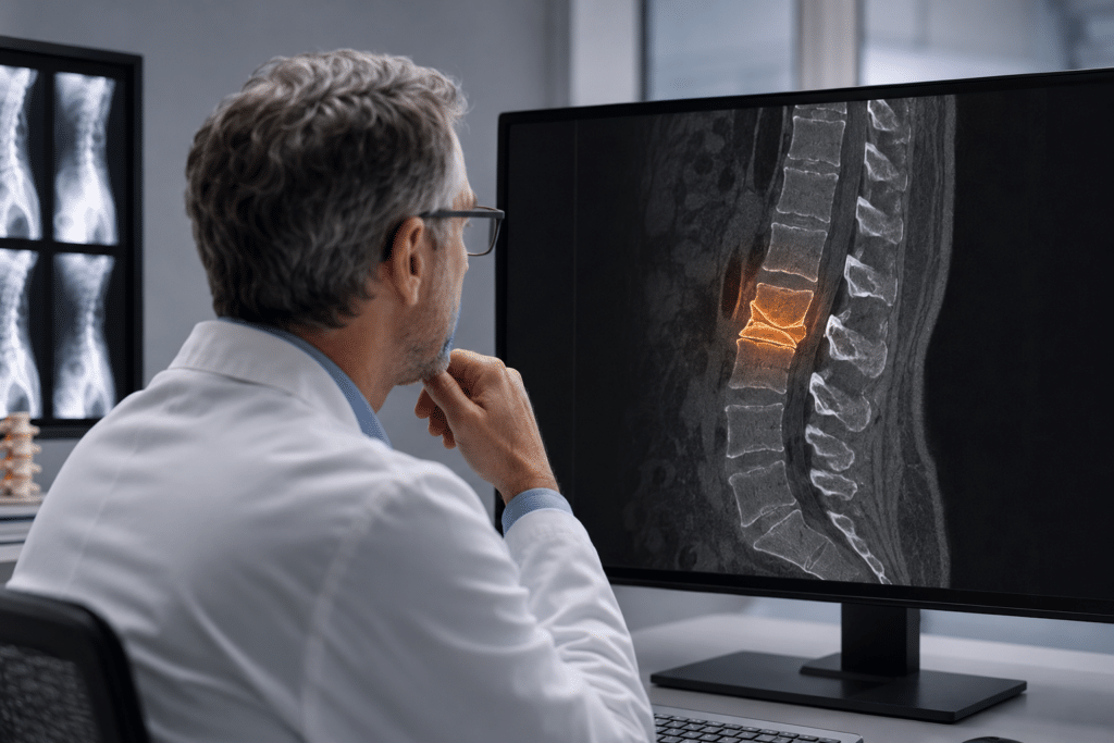 physician looking at imaging indicating a kyphoplasty procedure would be beneficial