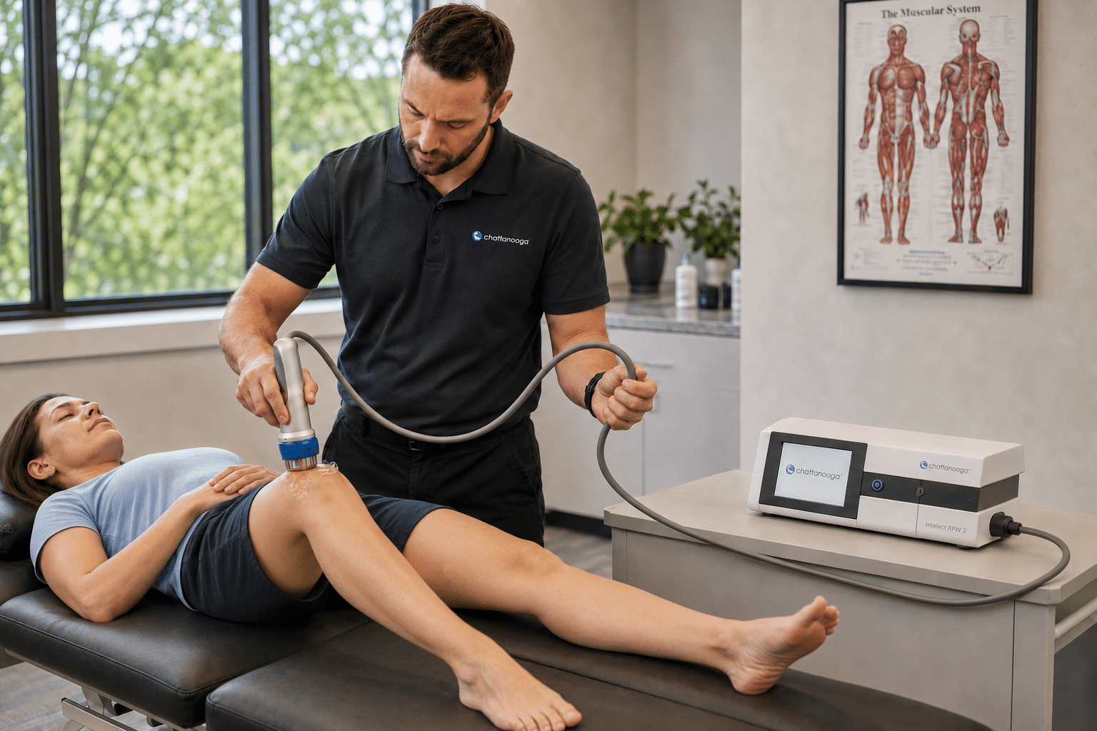 Patient receiving focused shockwave on knee