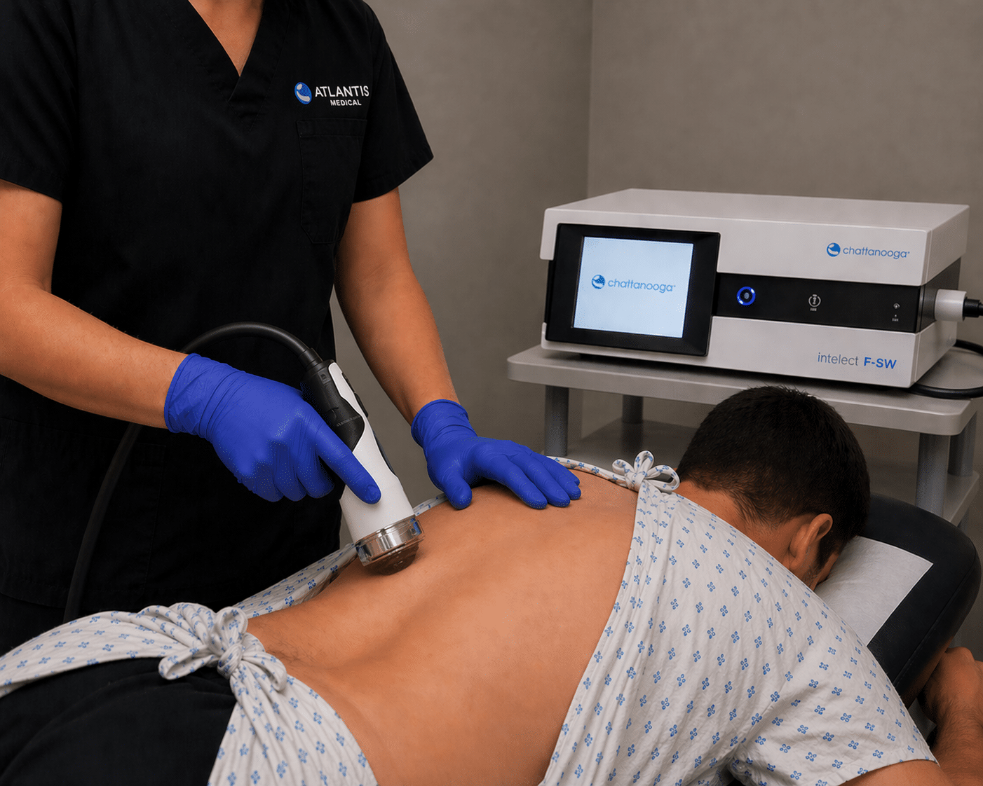 Prone patient receiving focused shockwave to lower back