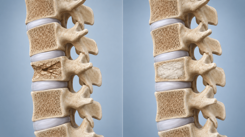 image of a vertebrae before and after a kyphoplasty procedure