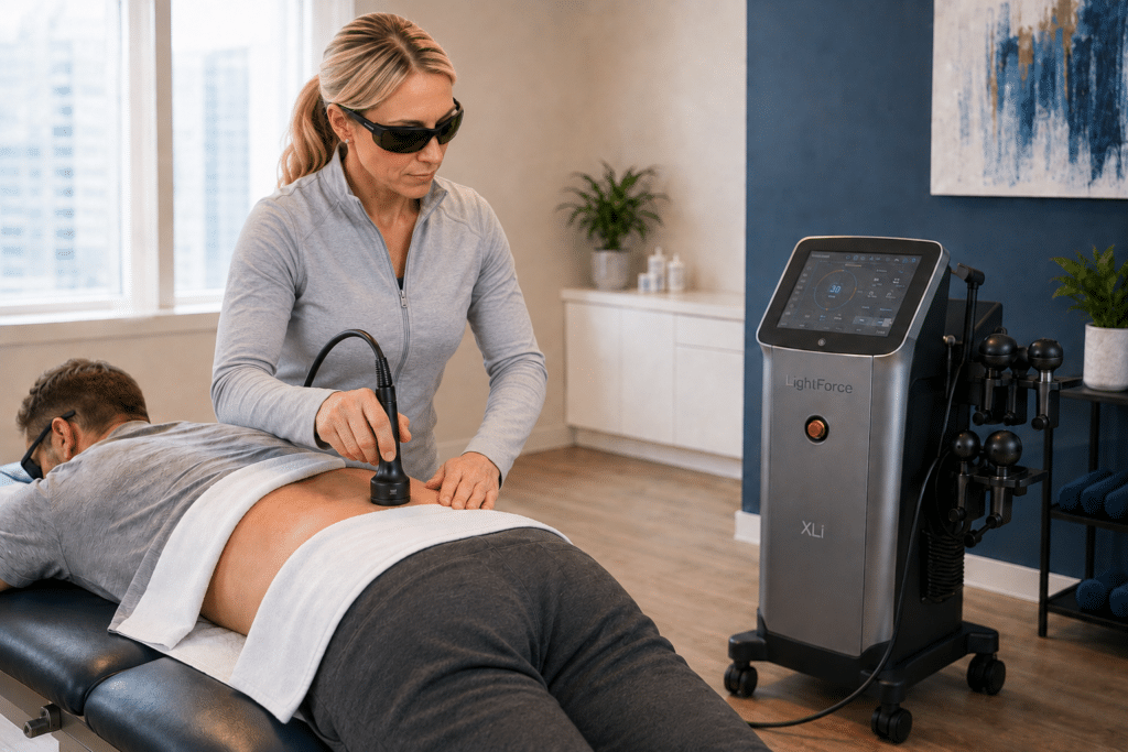 patient receiving laser therapy to his back