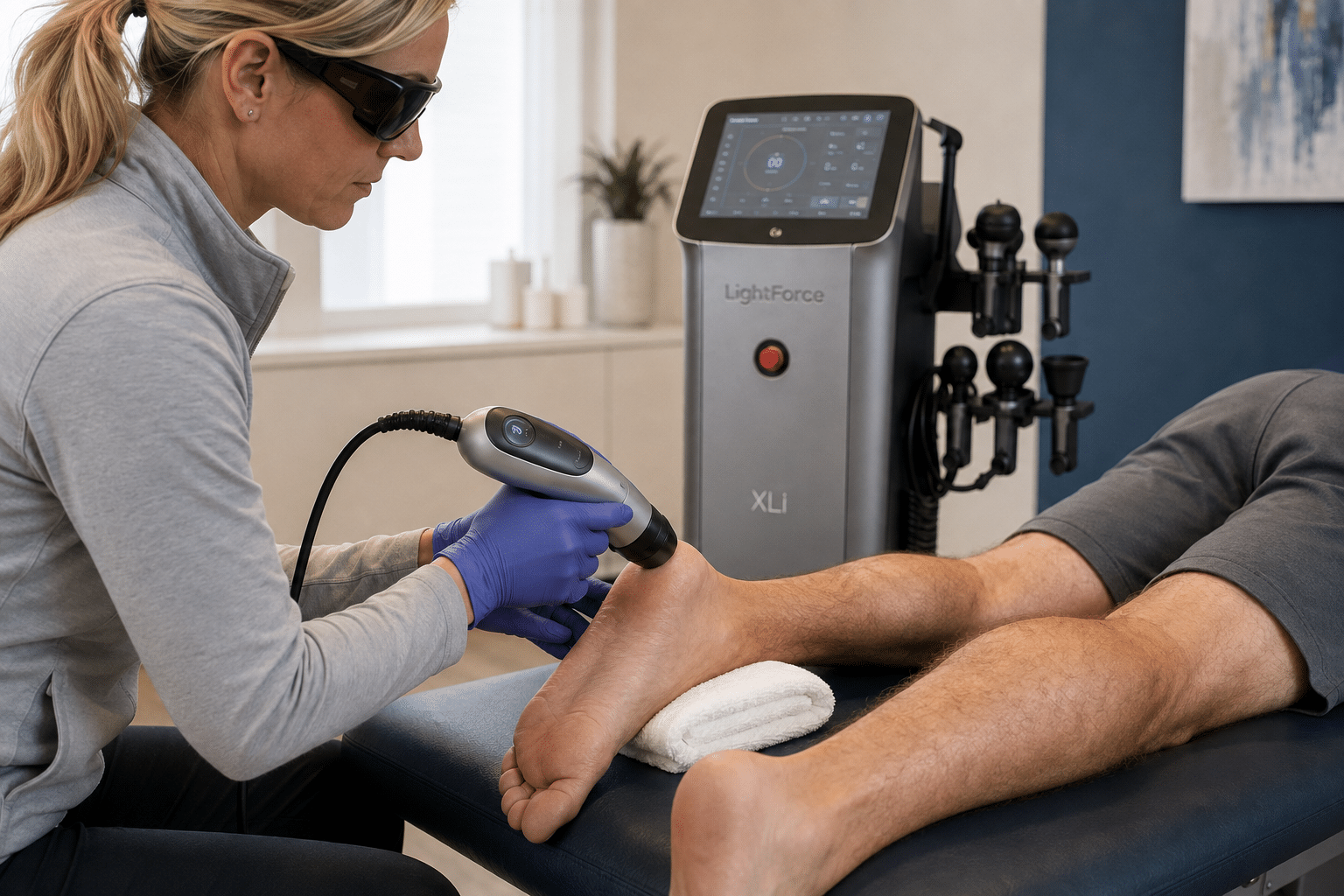 patient receiving laser therapy to his heel