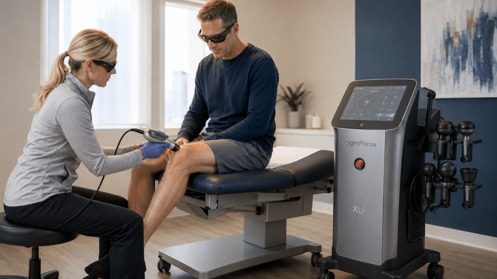 patient receiving laser therapy to his knee