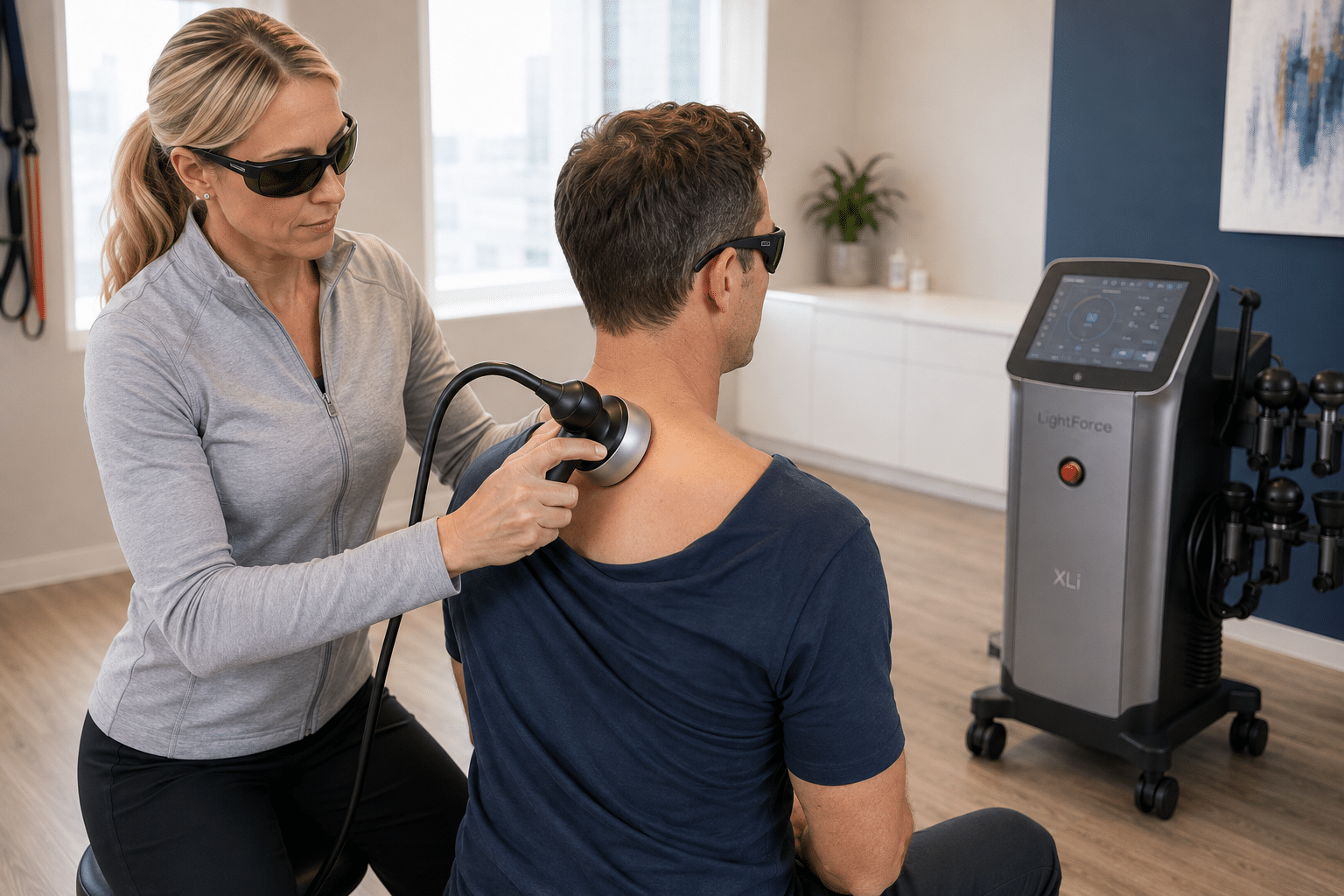 patient receiving laser therapy to his neck