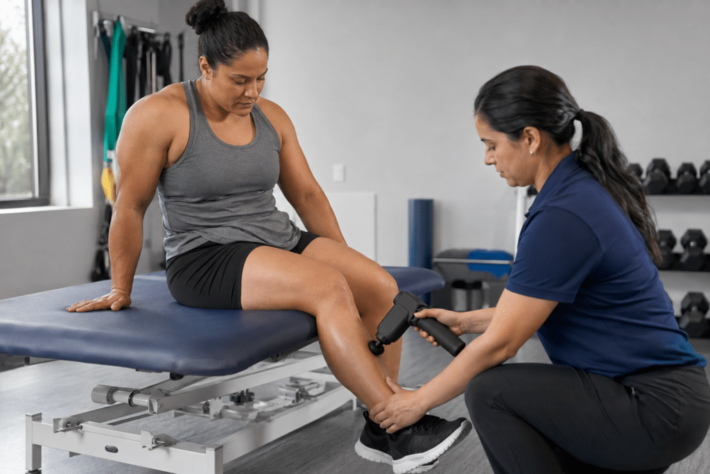 massage gun being used on leg