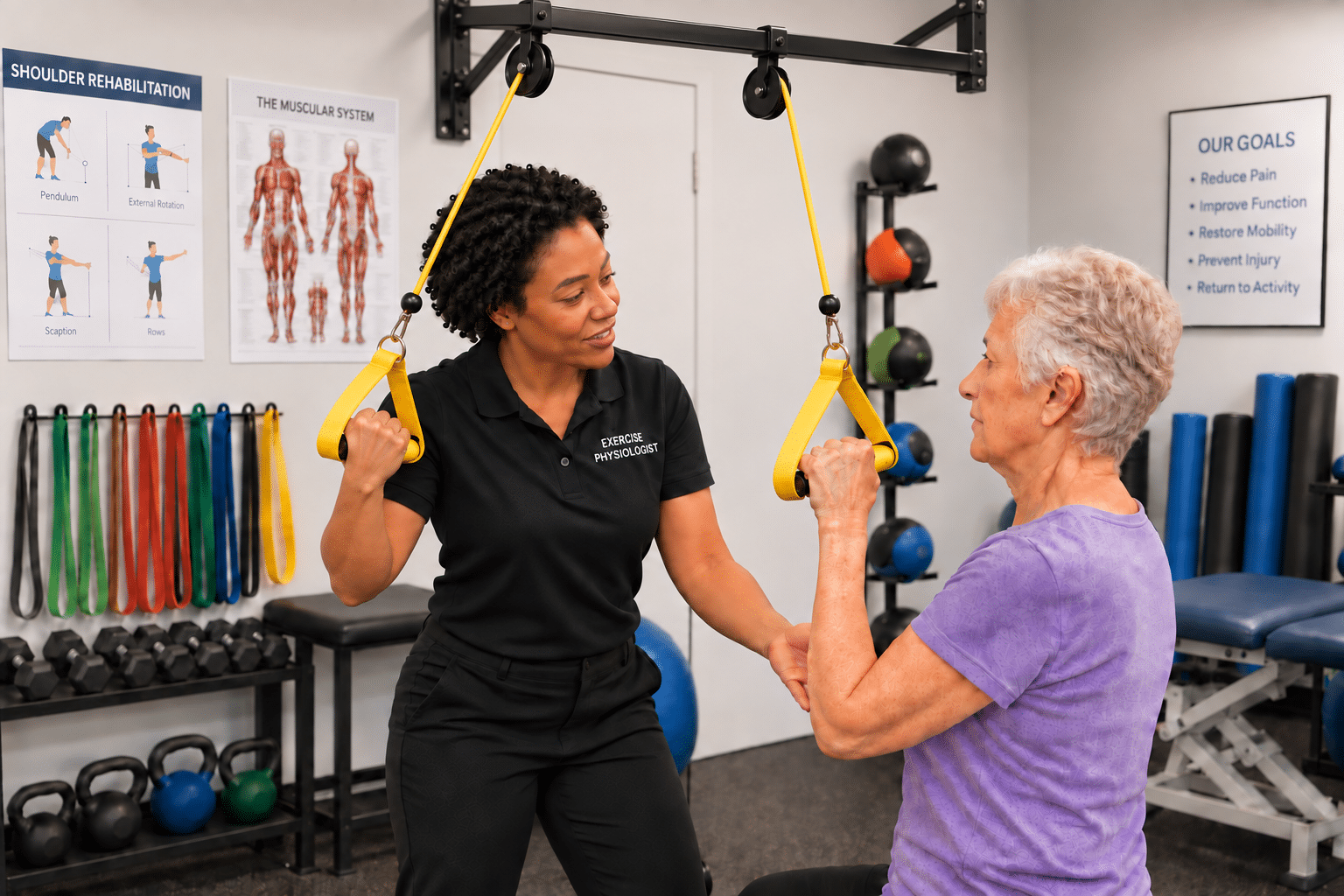 patient pictured with exercise physiologist during physical rehabilitation visit