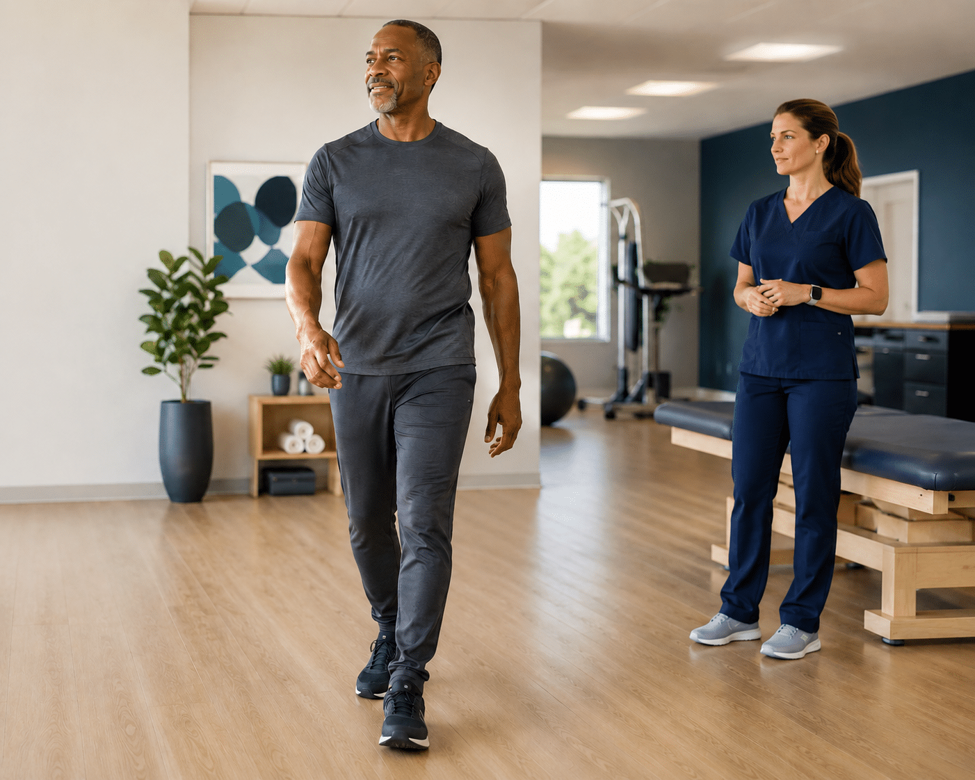 man doing gait training during locomotion class