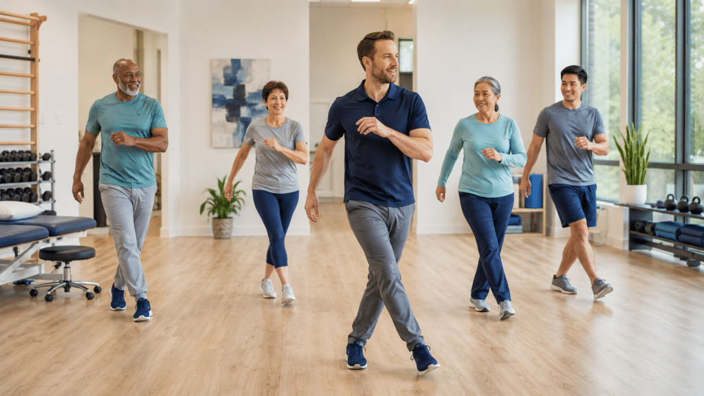 instructor leading a locomotion class of four people
