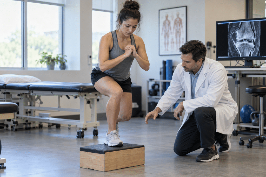 Physician evaluating movement through rehabilitation not physical therapy